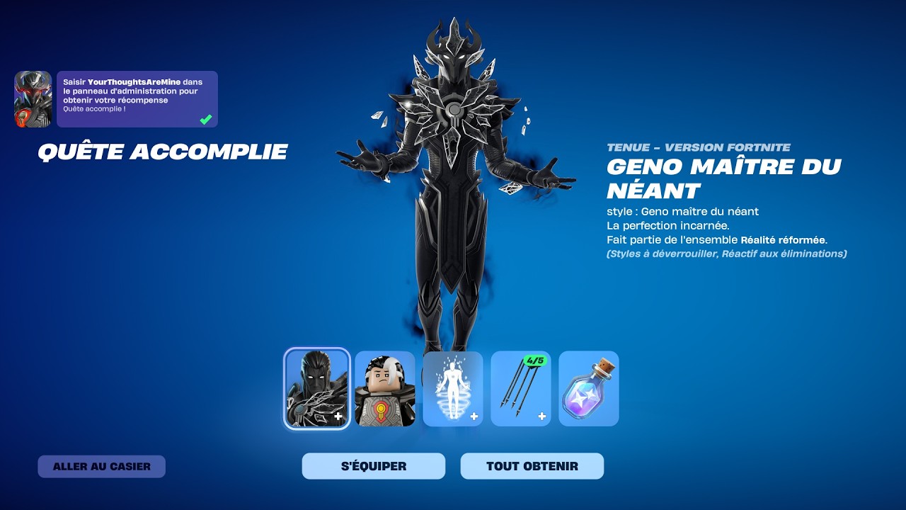 Quête accomplie : style bonus Geno maître du néant obtenu avec le code YourThoughtsAreMine